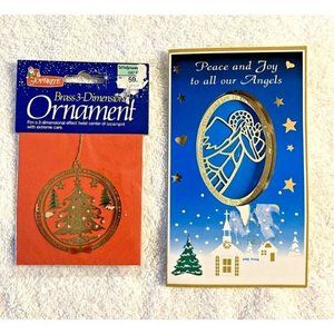 2 VINTAGE CHRISTMAS ORNAMENTS LASER CUT BRASS CHRISTMAS TREE 2.25" ANGEL 3"  NEW
